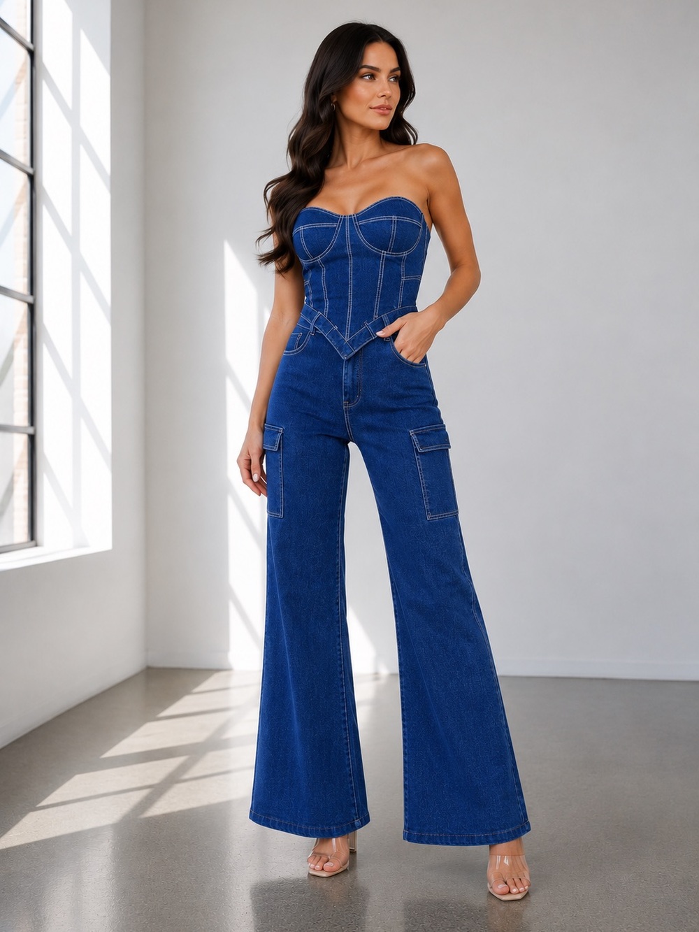 Strapless Denim Jumpsuit - Blue
